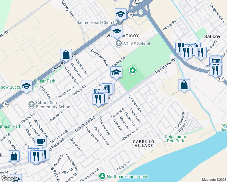 map of restaurants, bars, coffee shops, grocery stores, and more near 1074 Stillwater Court in Ventura