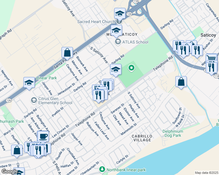 map of restaurants, bars, coffee shops, grocery stores, and more near 1021 Scandia Avenue in Ventura