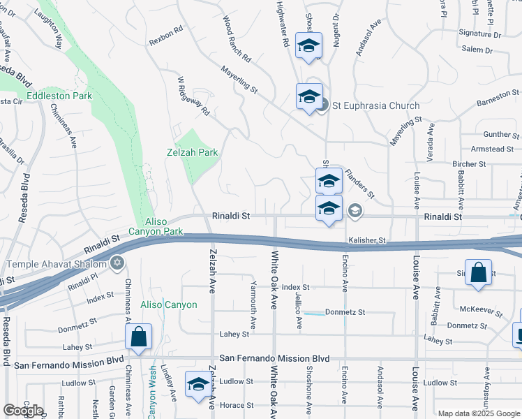 map of restaurants, bars, coffee shops, grocery stores, and more near 17795 Rinaldi Street in Los Angeles