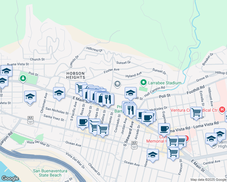 map of restaurants, bars, coffee shops, grocery stores, and more near 2117 Poli Street in Ventura