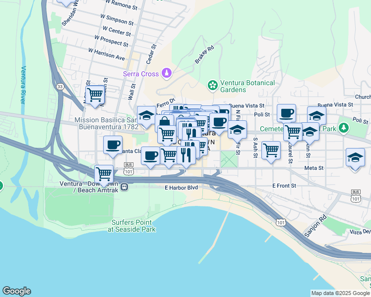 map of restaurants, bars, coffee shops, grocery stores, and more near 364 East Santa Clara Street in Ventura