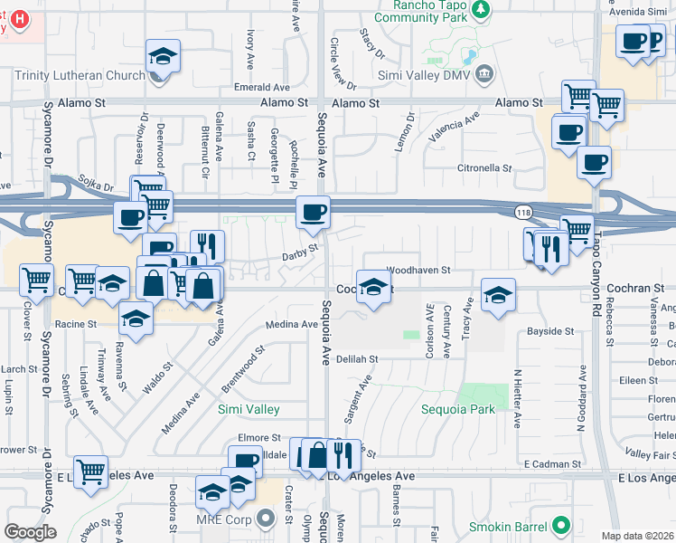 map of restaurants, bars, coffee shops, grocery stores, and more near 3476 Lockwood Court in Simi Valley