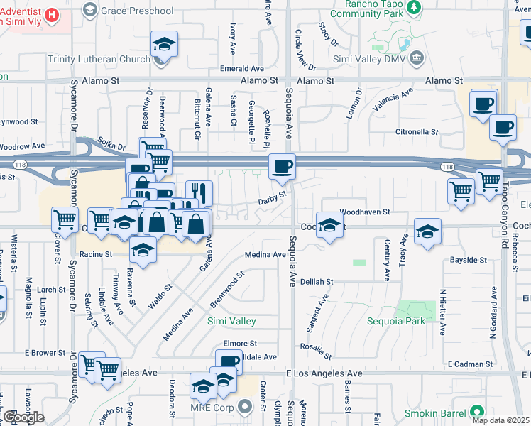 map of restaurants, bars, coffee shops, grocery stores, and more near 3318 Darby Street in Simi Valley
