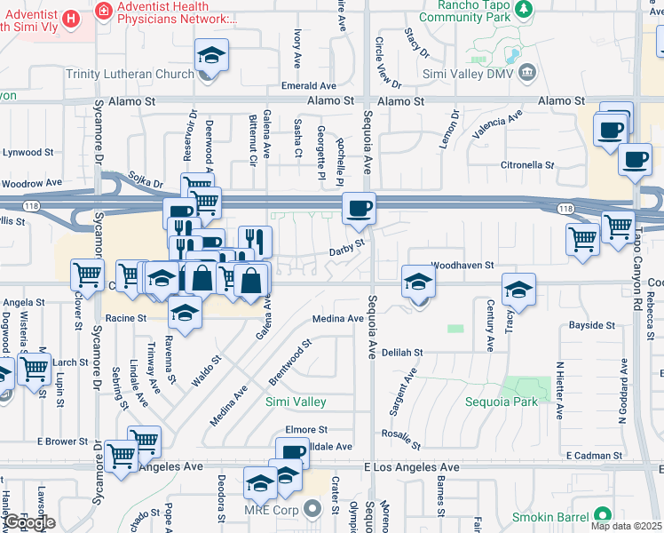 map of restaurants, bars, coffee shops, grocery stores, and more near 3318 Darby Street in Simi Valley