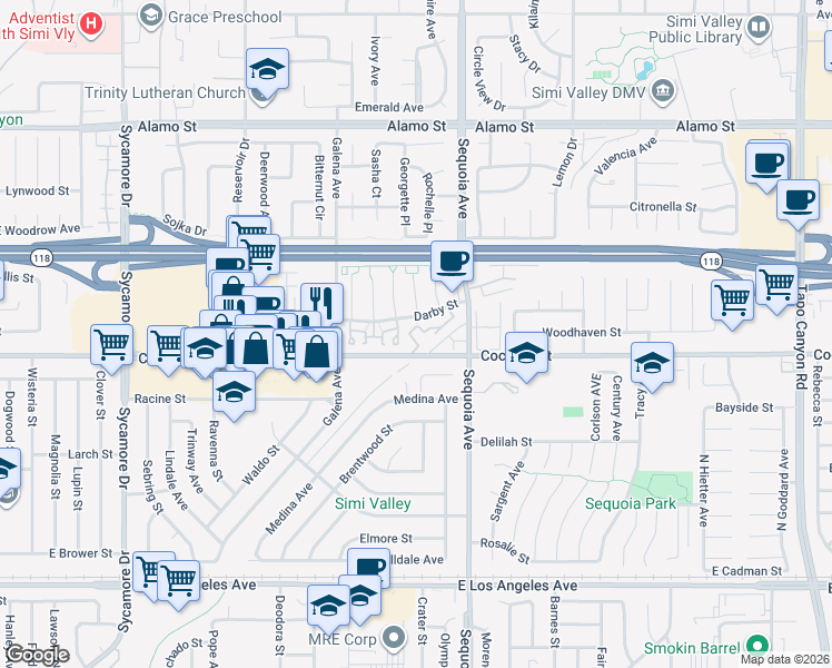 map of restaurants, bars, coffee shops, grocery stores, and more near 3318 Darby Street in Simi Valley