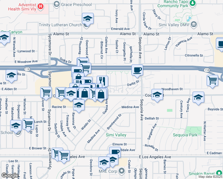 map of restaurants, bars, coffee shops, grocery stores, and more near 3168 Darby Street in Simi Valley
