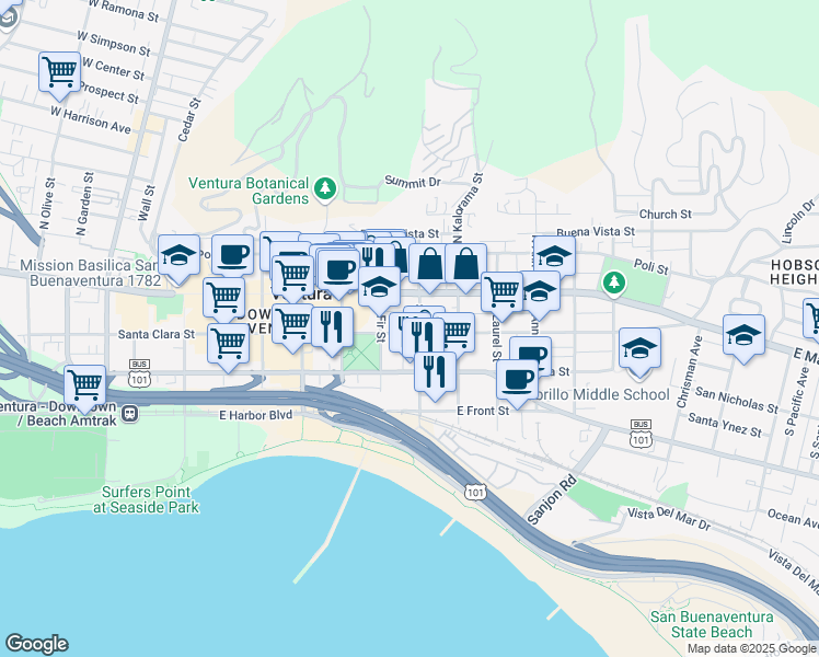 map of restaurants, bars, coffee shops, grocery stores, and more near 793 East Santa Clara Street in Ventura