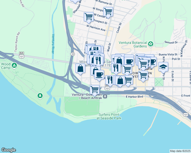 map of restaurants, bars, coffee shops, grocery stores, and more near 123 South Ventura Avenue in Ventura