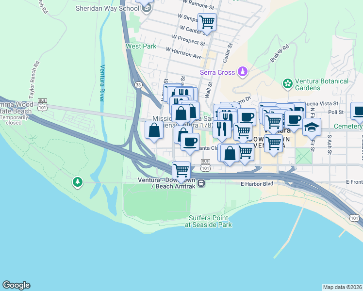 map of restaurants, bars, coffee shops, grocery stores, and more near 123 South Ventura Avenue in Ventura