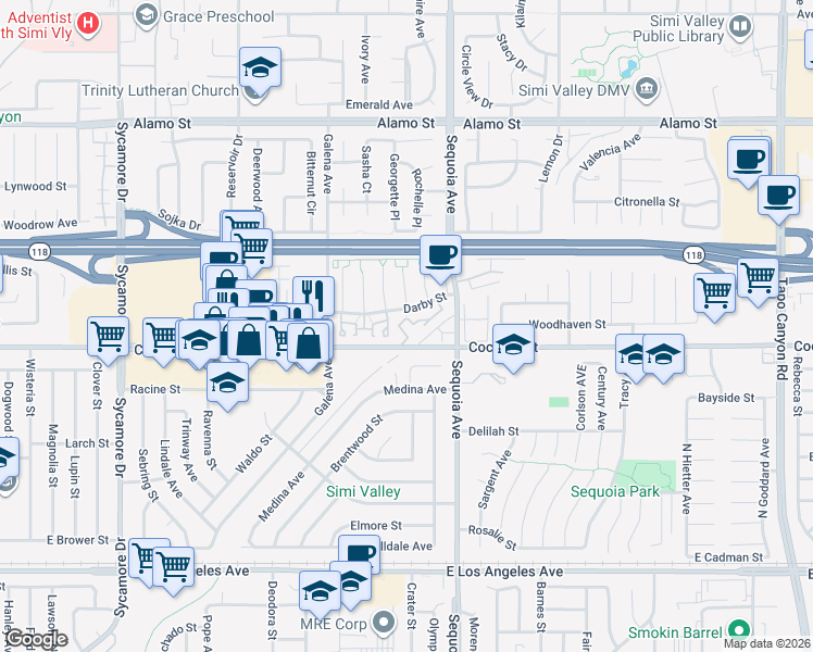 map of restaurants, bars, coffee shops, grocery stores, and more near 3318 Darby Street in Simi Valley