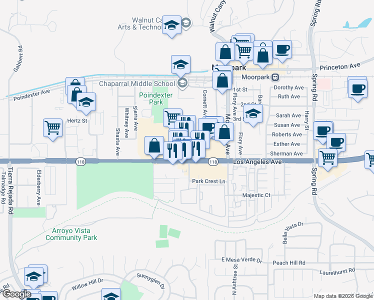 map of restaurants, bars, coffee shops, grocery stores, and more near 30 Park Lane in Moorpark