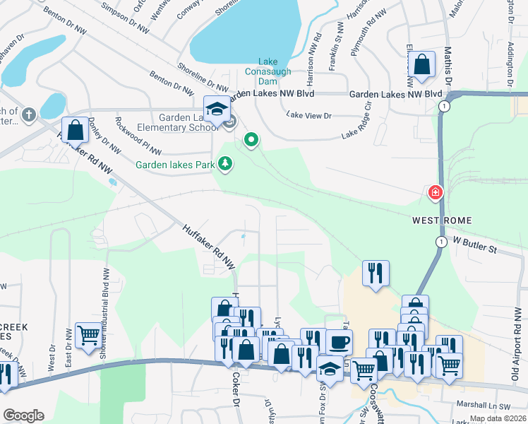 map of restaurants, bars, coffee shops, grocery stores, and more near 68 Prescott Lane Northwest in Rome