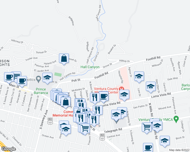 map of restaurants, bars, coffee shops, grocery stores, and more near 2841 Foothill Road in Ventura