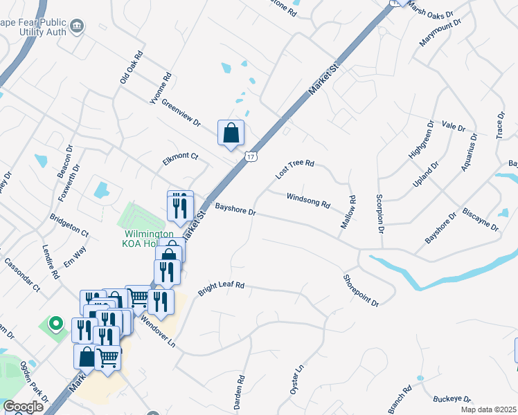 map of restaurants, bars, coffee shops, grocery stores, and more near 135 Bayshore Drive in Wilmington