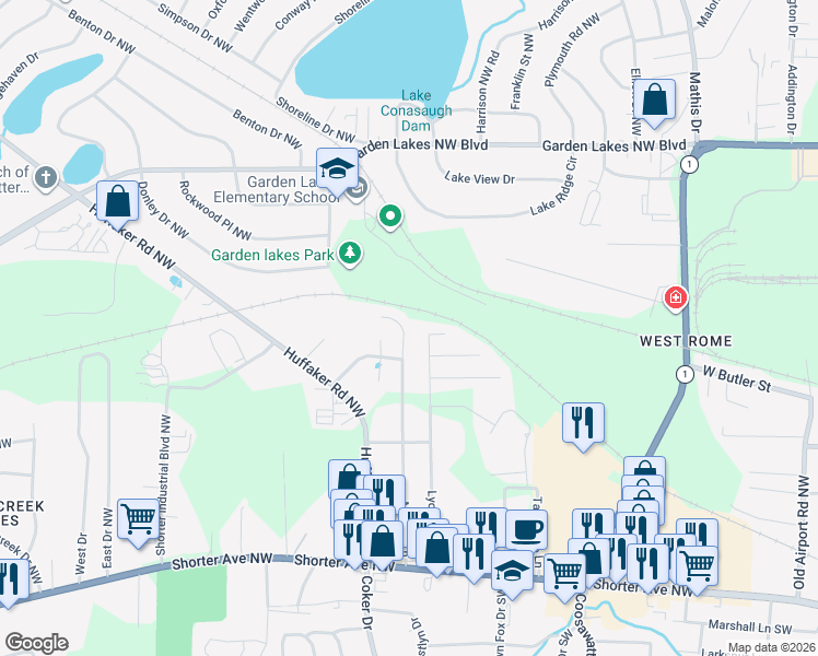 map of restaurants, bars, coffee shops, grocery stores, and more near 68 Prescott Lane Northwest in Rome