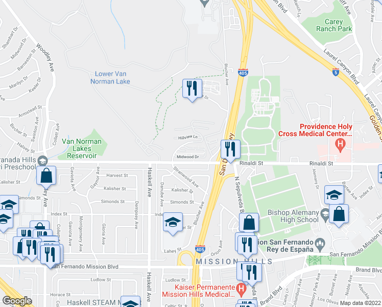 map of restaurants, bars, coffee shops, grocery stores, and more near 15760 Midwood Drive in Los Angeles