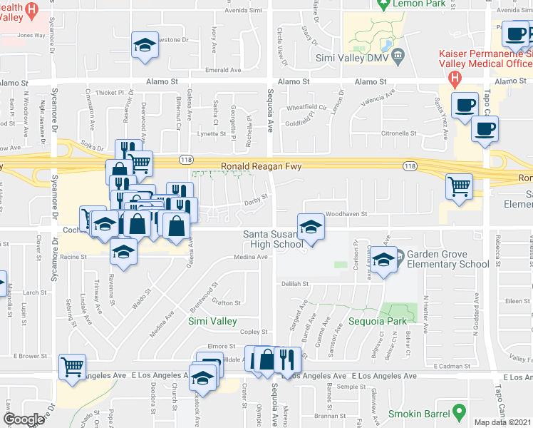 map of restaurants, bars, coffee shops, grocery stores, and more near 3325 Cochran St in Simi Valley
