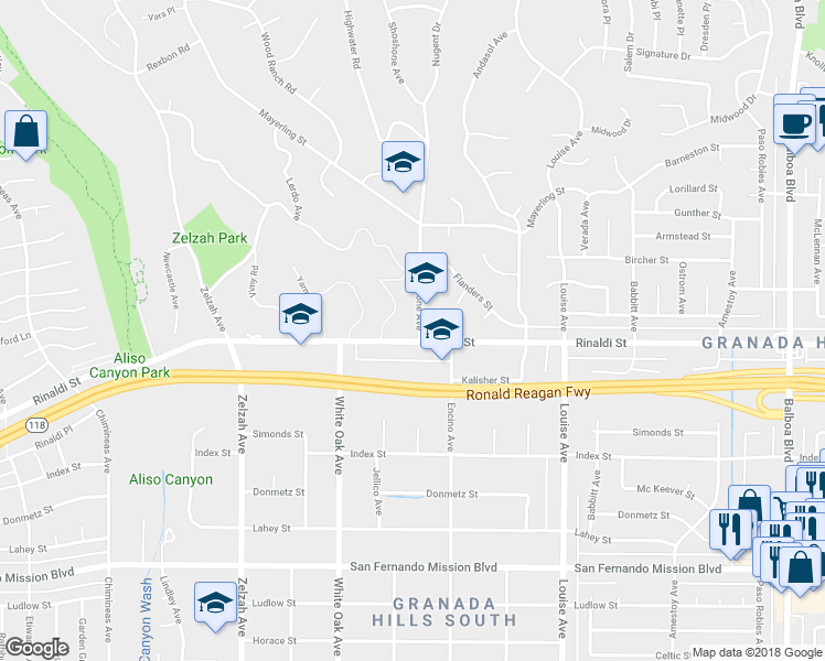map of restaurants, bars, coffee shops, grocery stores, and more near 17551 Rinaldi Street in Los Angeles
