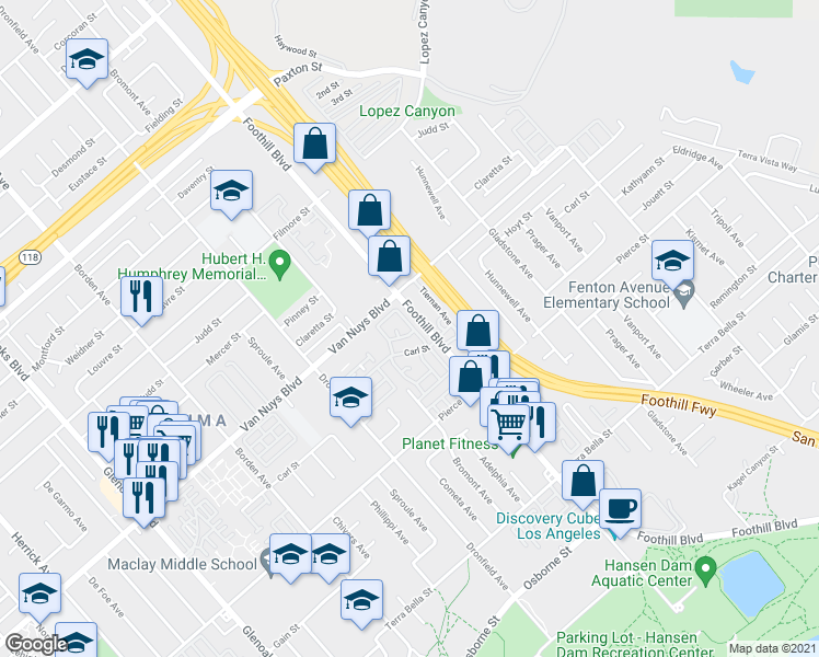 map of restaurants, bars, coffee shops, grocery stores, and more near 12361 Carl Street in Los Angeles