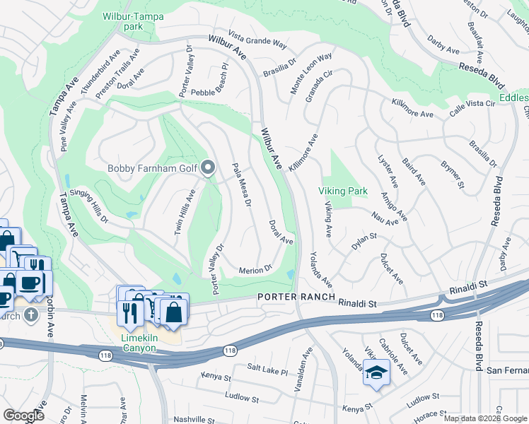 map of restaurants, bars, coffee shops, grocery stores, and more near 11455 Doral Avenue in Los Angeles