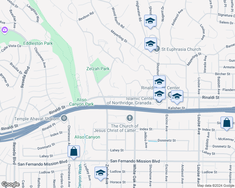 map of restaurants, bars, coffee shops, grocery stores, and more near 17823 Rinaldi Street in Los Angeles