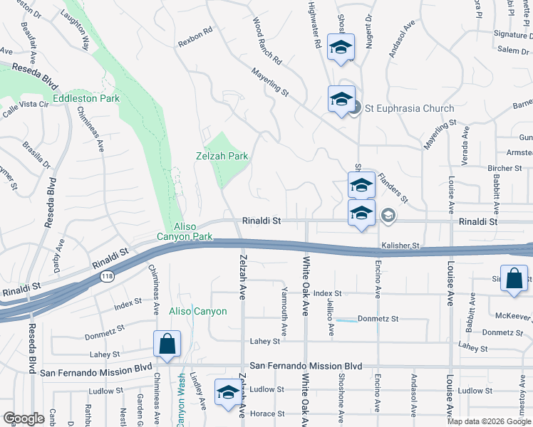 map of restaurants, bars, coffee shops, grocery stores, and more near 17845 Rinaldi Street in Los Angeles