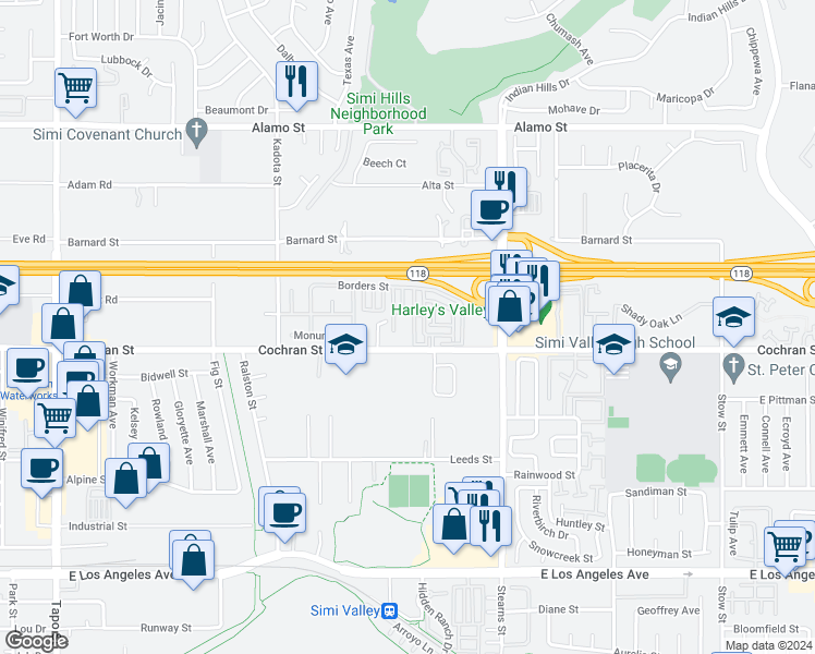 map of restaurants, bars, coffee shops, grocery stores, and more near 2455 Gavin Street in Simi Valley