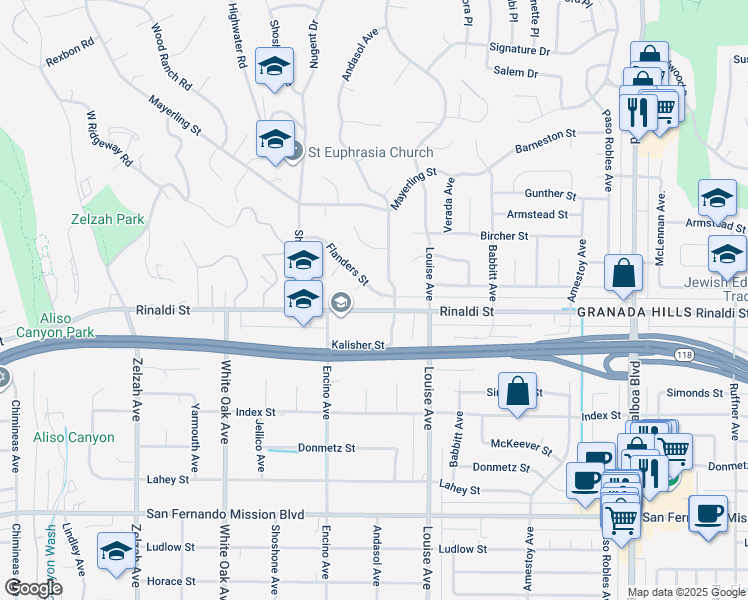 map of restaurants, bars, coffee shops, grocery stores, and more near 17420 Flanders Street in Los Angeles