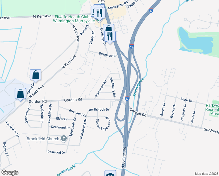 map of restaurants, bars, coffee shops, grocery stores, and more near 4414 Raspberry Road in Wilmington