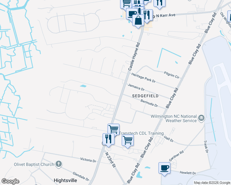 map of restaurants, bars, coffee shops, grocery stores, and more near 2131 Castle Hayne Road in Wilmington