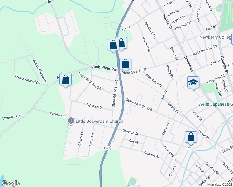 map of restaurants, bars, coffee shops, grocery stores, and more near 2252 State Road S-36-258 in Newberry