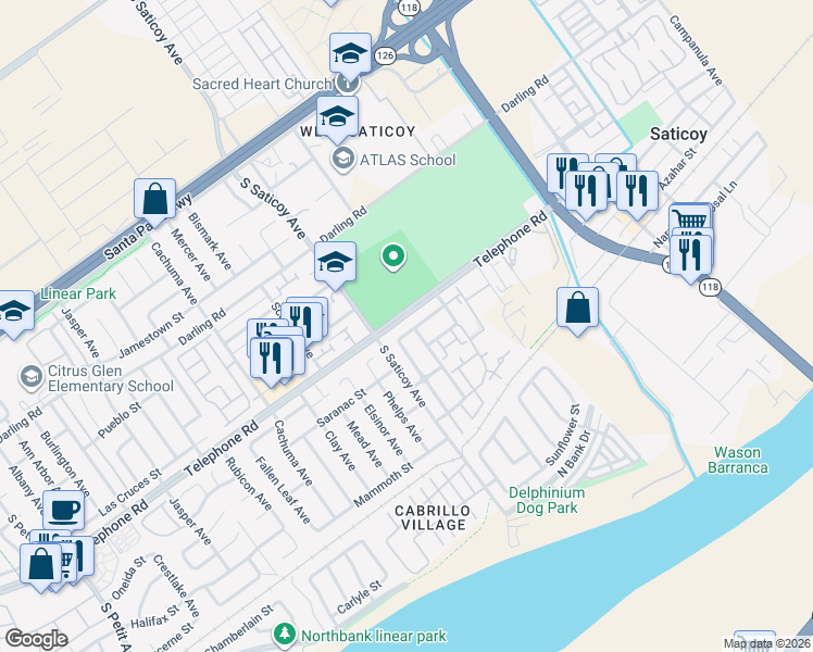 map of restaurants, bars, coffee shops, grocery stores, and more near 1209 Honeysuckle Avenue in Ventura
