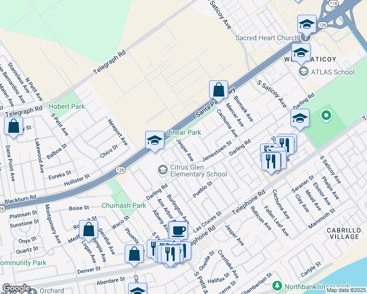 map of restaurants, bars, coffee shops, grocery stores, and more near 674 Providence Avenue in Ventura
