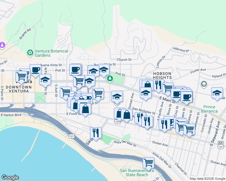 map of restaurants, bars, coffee shops, grocery stores, and more near 1310 East Santa Clara Street in Ventura