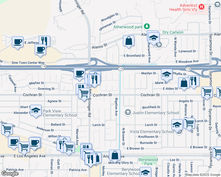 map of restaurants, bars, coffee shops, grocery stores, and more near 2460 Atherton Court in Simi Valley