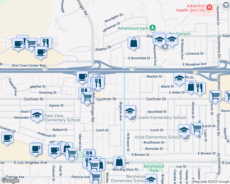 map of restaurants, bars, coffee shops, grocery stores, and more near 2465 Atherton Court in Simi Valley