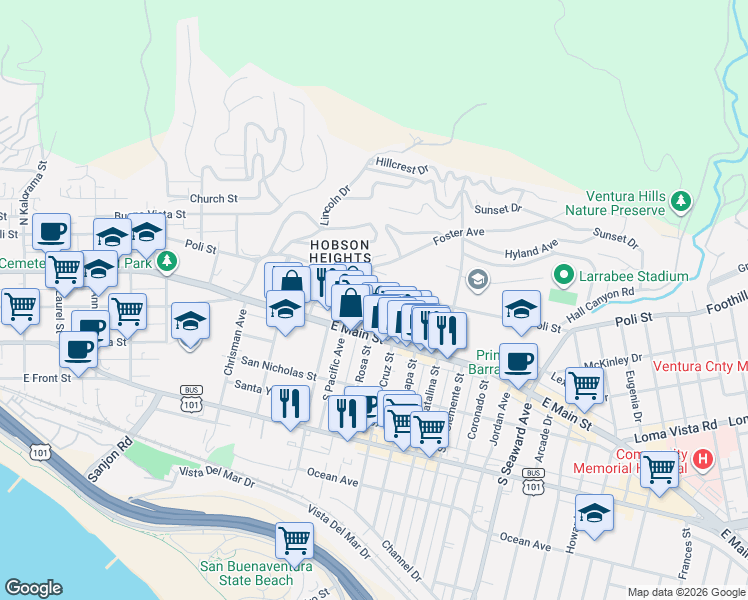 map of restaurants, bars, coffee shops, grocery stores, and more near 2 North Santa Rosa Street in Ventura