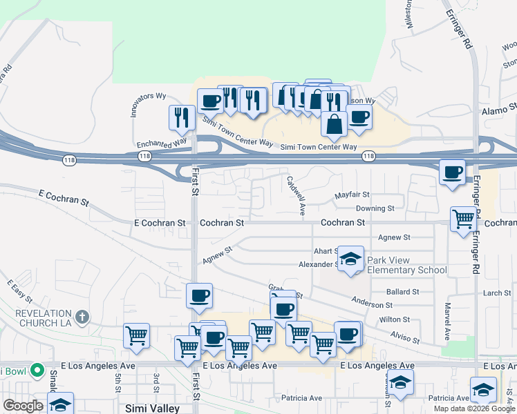 map of restaurants, bars, coffee shops, grocery stores, and more near 1307 Casmalia Court in Simi Valley