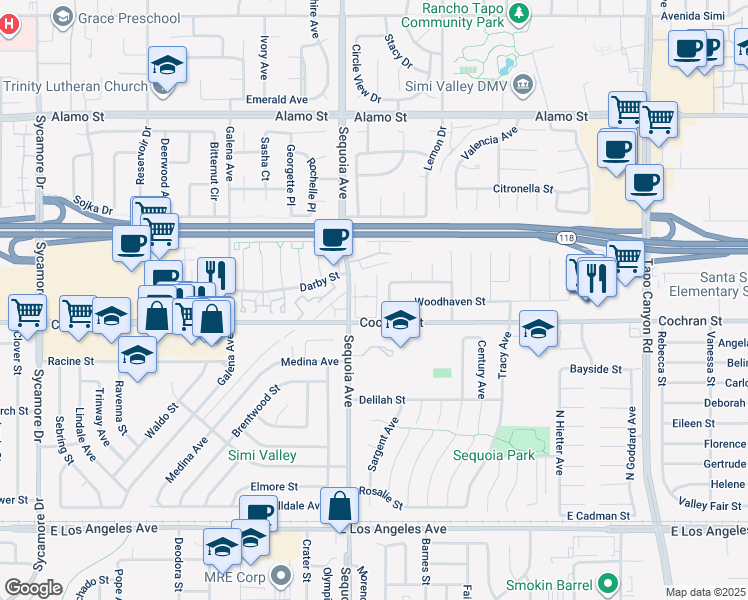 map of restaurants, bars, coffee shops, grocery stores, and more near 3492 Lockwood Court in Simi Valley