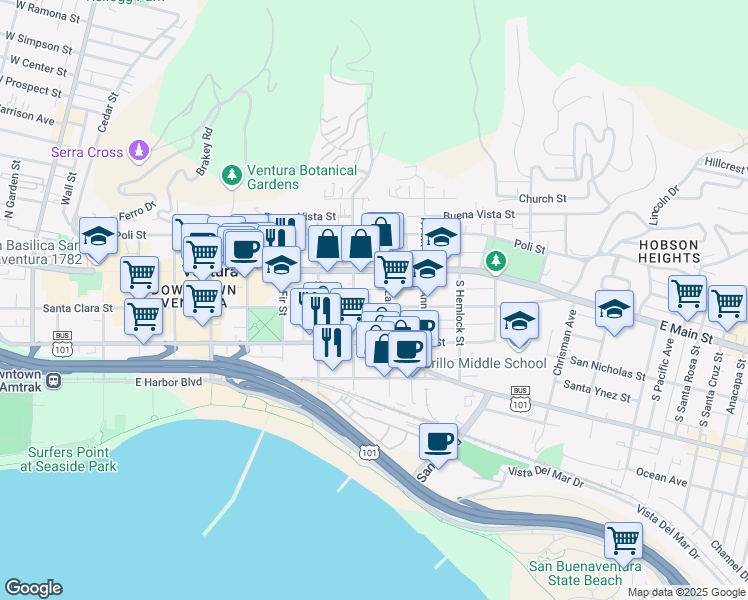 map of restaurants, bars, coffee shops, grocery stores, and more near 957 East Santa Clara Street in Ventura