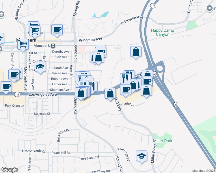 map of restaurants, bars, coffee shops, grocery stores, and more near 301 Science Drive in Moorpark