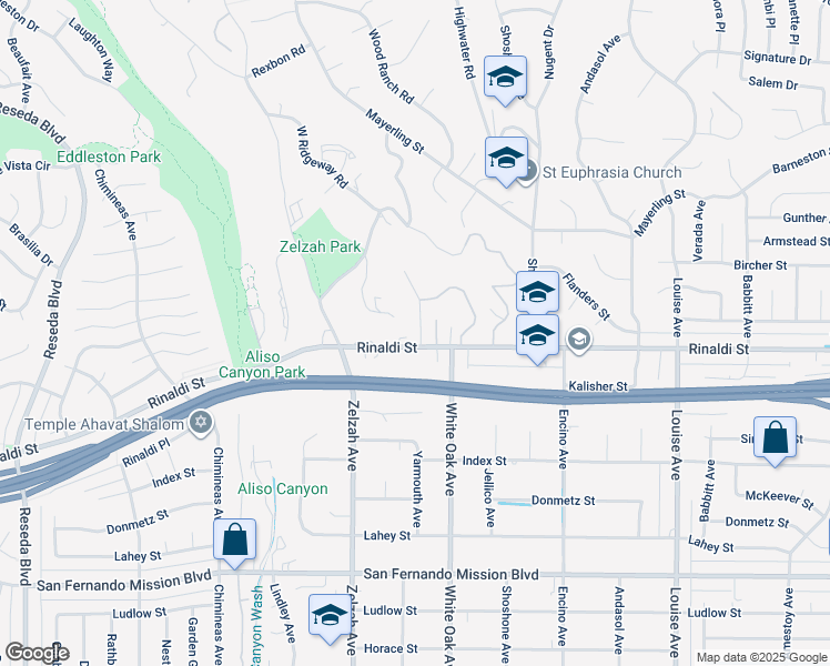 map of restaurants, bars, coffee shops, grocery stores, and more near 17795 Rinaldi Street in Los Angeles