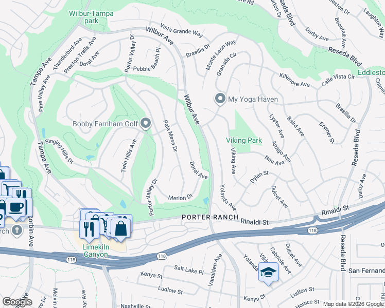 map of restaurants, bars, coffee shops, grocery stores, and more near 11454 Doral Avenue in Los Angeles