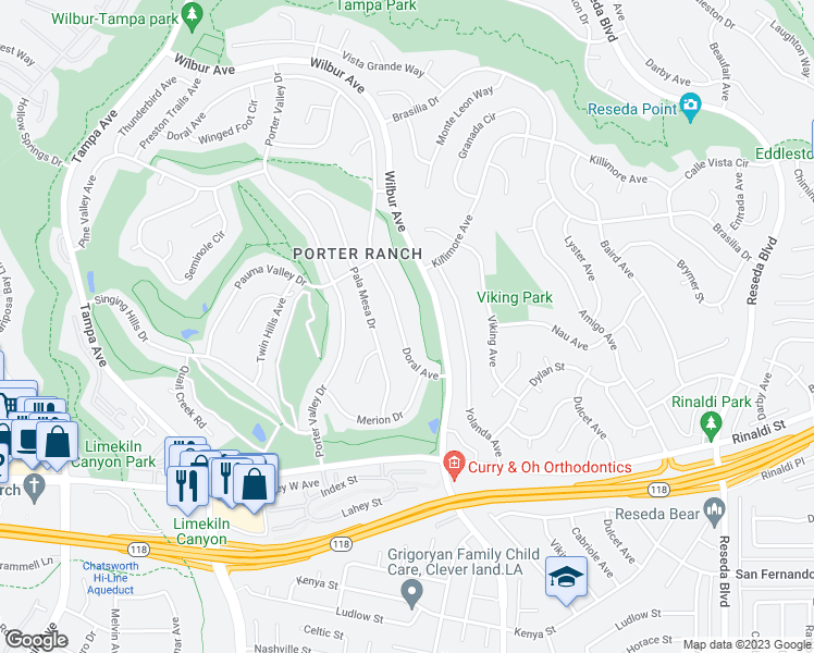 map of restaurants, bars, coffee shops, grocery stores, and more near 11454 Doral Avenue in Los Angeles