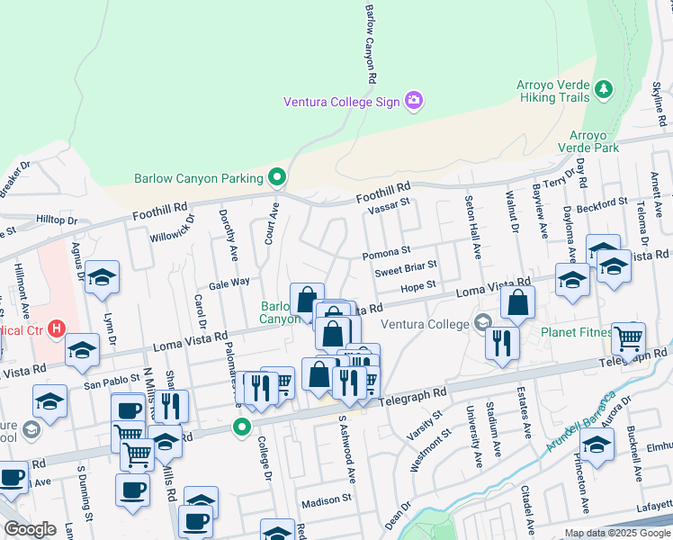 map of restaurants, bars, coffee shops, grocery stores, and more near 286 North Ashwood Avenue in Ventura
