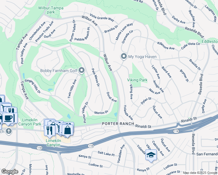 map of restaurants, bars, coffee shops, grocery stores, and more near 11454 Doral Avenue in Los Angeles