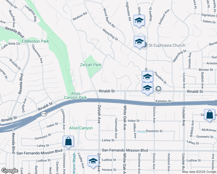 map of restaurants, bars, coffee shops, grocery stores, and more near 17823 Rinaldi Street in Los Angeles