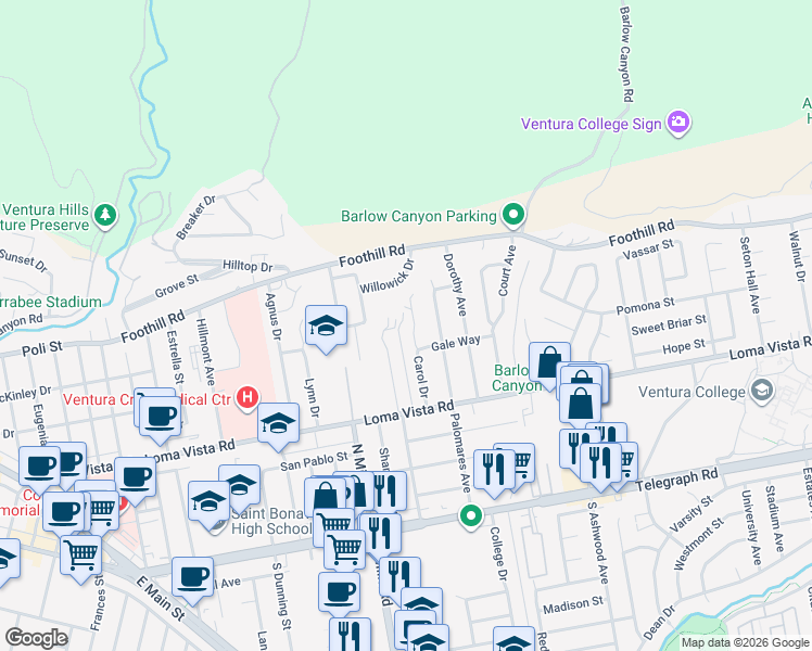 map of restaurants, bars, coffee shops, grocery stores, and more near 318 Glen Ellen Drive in Ventura