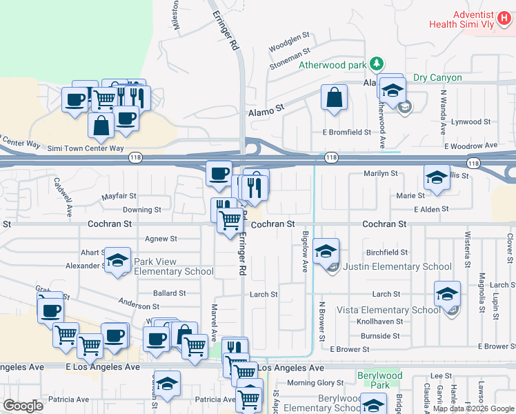 map of restaurants, bars, coffee shops, grocery stores, and more near in Simi Valley