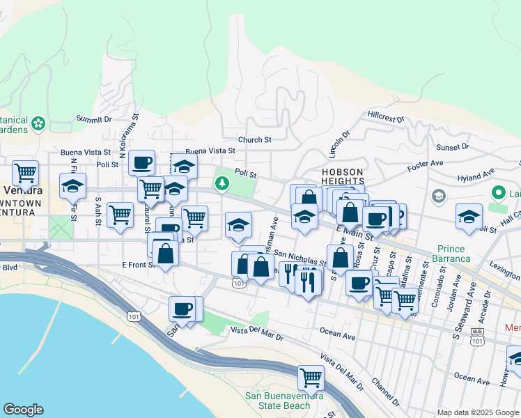 map of restaurants, bars, coffee shops, grocery stores, and more near 1471 East Santa Clara Street in Ventura
